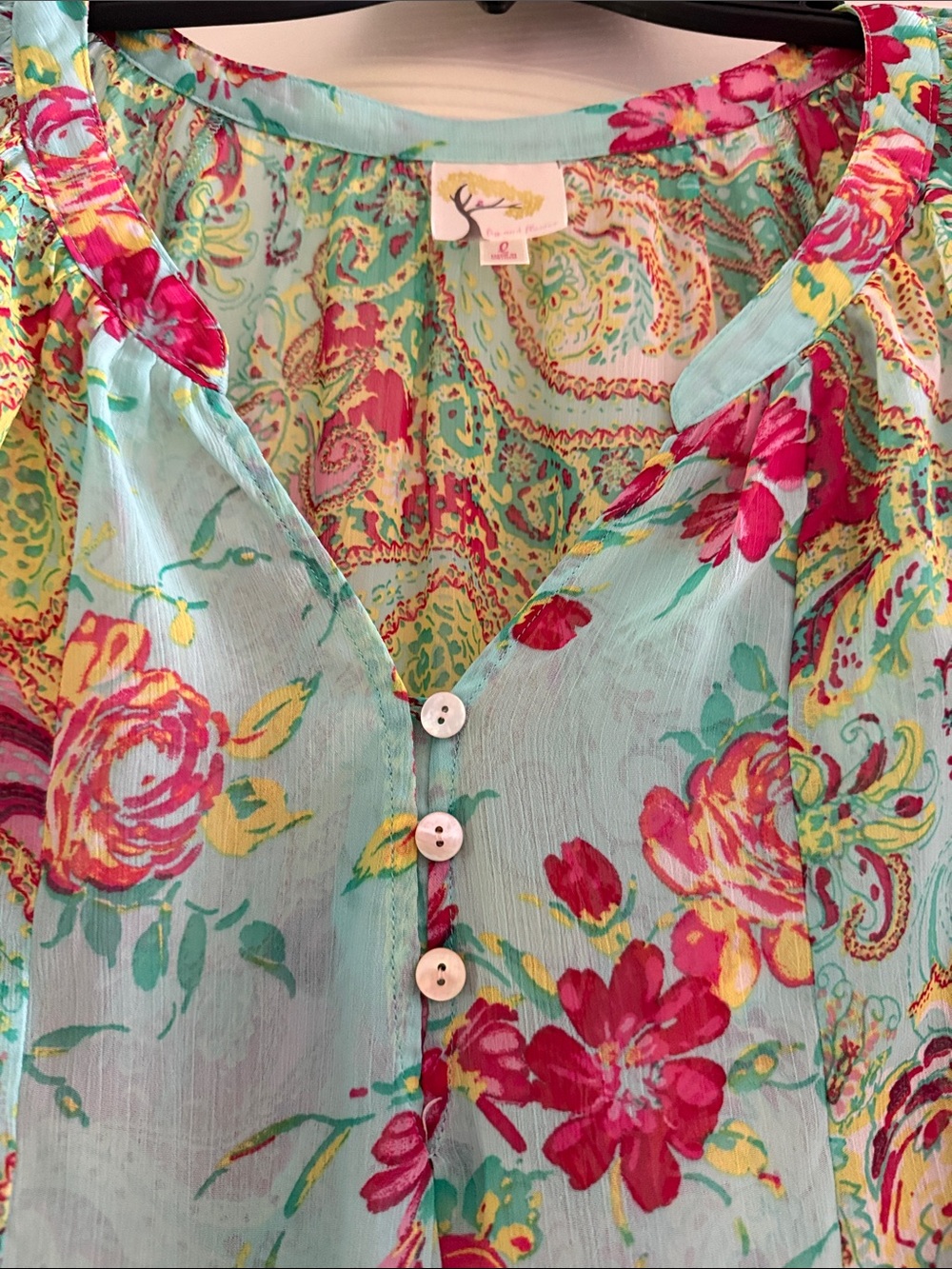 fig and flower Sheer Paisley Floral V-Neck Blouse in Aqua & Pink - Picture 3 of 6